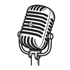 Vintage black and white illustration of a retro microphone on a white background