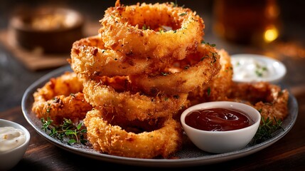 Onion rings stack on plate with dipping sauce. Delicious crispy fried rings ready to eat, use for food blog, menu, marketing.