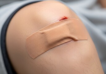 close up of a knee covered with wound plaster