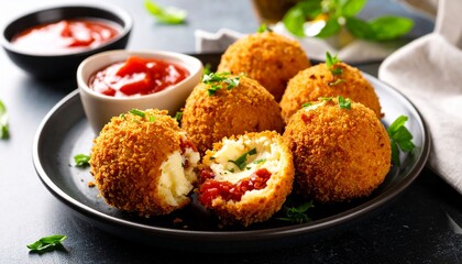Arancini. Italian Rice Balls With Mozzarella And Sun Dried Tomatoes, With Tomato Sauce.