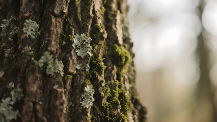 Obraz premium Close-up of a tree trunk covered with lichen and moss in a forest setting
