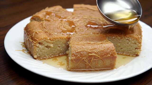 Delicious Revani Dessert on a White Plate with Syrup Drizzle Close Up Brown Background for Bakery Promotion Golden Brown Color Sponge Cake with Crispy Shredded Phyllo Topping Over Wooden Table Still