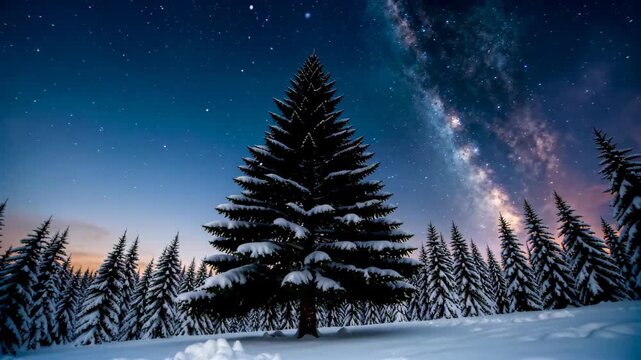 snowy pine trees in a snowy forest at night with a milky in the sky