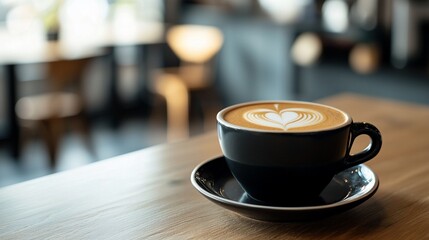 Heart-Shaped Latte Art in a Dark Cup on a Wooden Table