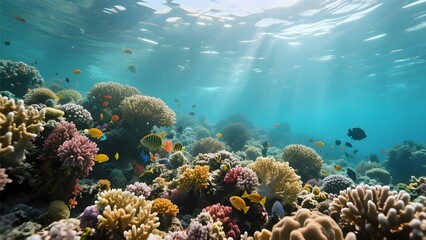 Fototapeta premium Vibrant Coral Reef with Colorful Fish and Sunlight Filtering Through Water
