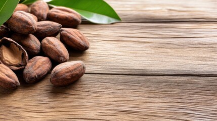 Cocoa farming closeup with pods on rustic wood, organic texture and warm tones for product or educational use