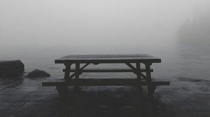 Empty wooden picnic table in fog
