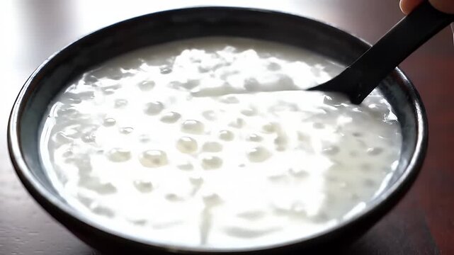 Delicious Sago Pudding with Creamy Texture Served in Blue Rimmed Bowl Stirred by Black Spoon on Wooden Table A Culinary Delight Eye Level Shot and Close Up Presentation Perfect for Decoration
