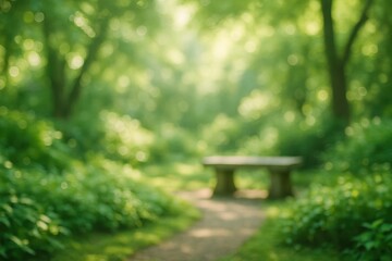 Naklejka premium Tranquil Garden Sanctuary: Soft-Focus Natural Green Space with Peaceful Bokeh Light Effects