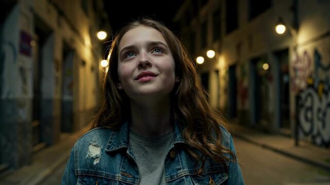 arafed woman in a dark alley looking up at the sky