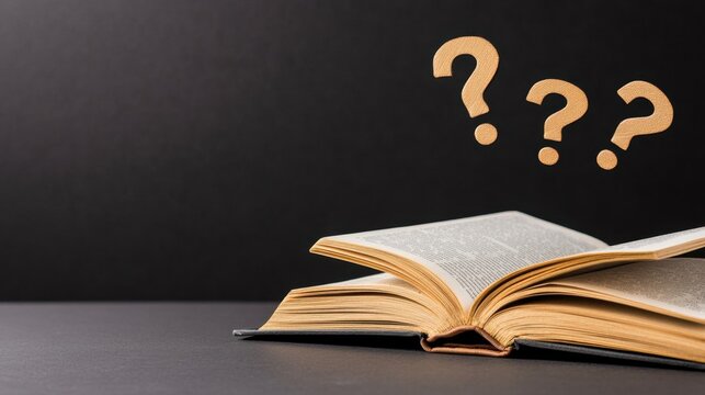 Conceptual shot of an open book with question marks above, symbolizing inquiry and thought, black background