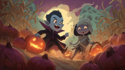 Cute cartoon vampire big smile tiny fang wear playful Halloween costume cape.