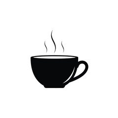 Simple Black and White Illustration of a Steaming Cup of Coffee or Tea Featuring a Classic Curved Handle Design