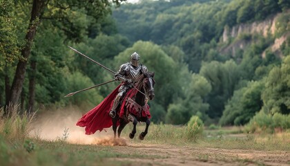 Knight on horseback, forest backdrop