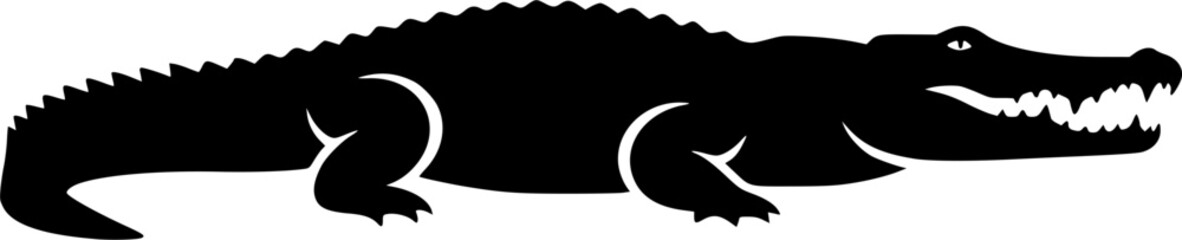 Silhouette of a crocodile, reptile, lying down, black, detailed.