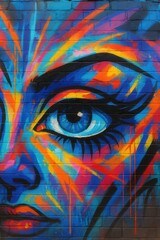 Urban street art mural featuring expressive eye motif with vibrant color palette