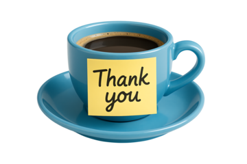 Blue Coffee Cup with Thank You Note on Sticky Paper Isolated on White for Gratitude and Appreciation Concepts