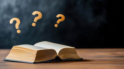 Educational mystery idea with question marks over book on brown table, dark black void behind