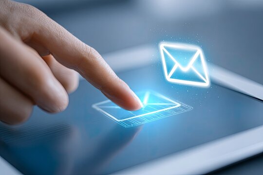 Woman's finger taps email icon on tablet, office background; digital communication