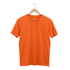 Plain orange t shirt hanging on a wooden hanger isolated on white or transparent background. PNG