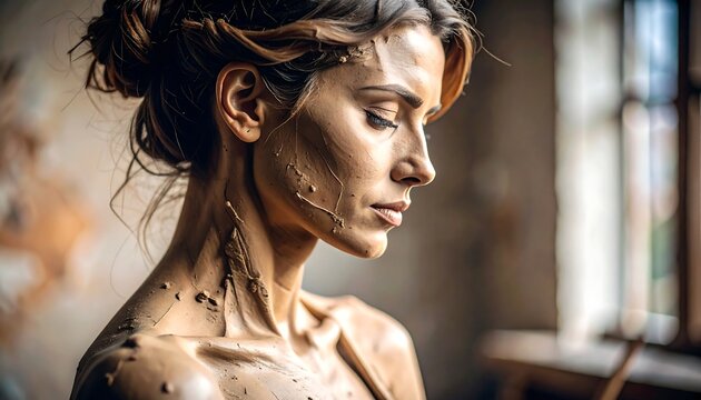 Contemplative Brunette Woman with Mud-Covered Skin in Artistic Setting, Profile View