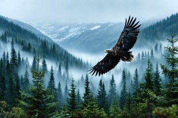 Majestic eagle soaring above misty mountains