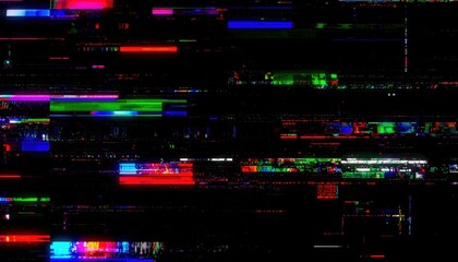 RGB chromatic aberration, distortion and flicker effects, noisy retro video aesthetic