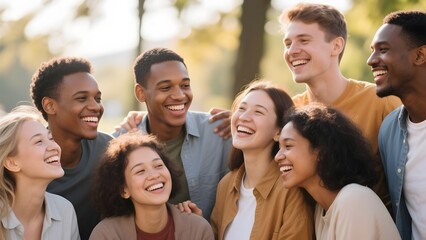 Group of diverse friends laughing together outdoors