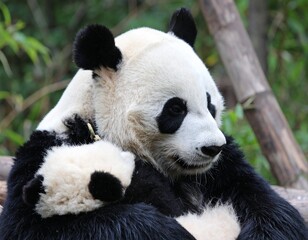 Mother Panda Hugging Baby Panda in Natural Habitat, Adorable Endangered Black and White Bears Showing Love and Affection, Cute Wildlife Animals Symbol of Family Bond, Conservation, and Nature Protecti
