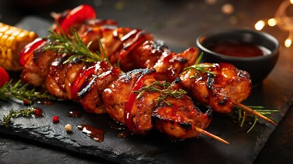 Chicken skewers sizzle, glazed with sauce, garnished. Dark background. Ideal for food blogs, menus, social media, and marketing.
