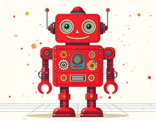 A cheerful, vintage-style red robot with round eyes and various mechanical details stands on a gridded surface against a light background
