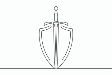Line art sword and shield emblem isolated on white background