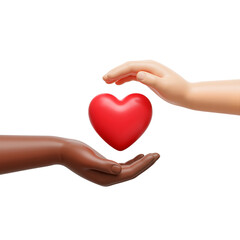 Obraz premium Diverse hands sharing a red heart—symbol of unity and kindness for anti-racism campaigns, and friendship graphics for International Day of Peace. Transparent Background, Cutout, PNG