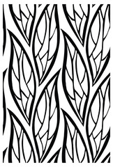 A black and white abstract repeat pattern of stylized leaves with intricate, flowing lines against a white background.

