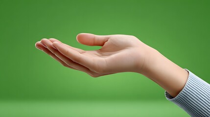An open adult human hand palm facing upwards in a gesture of holding or receiving on a solid green background