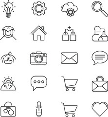 This web icons set includes symbols for business communication, social media, and internet