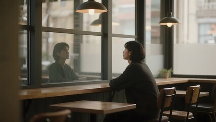 Person sitting by a window in a cozy caf��, gazing outside