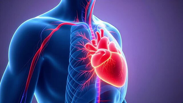 3D Medical Animation of Human Chest Showing Beating Heart and Cardiovascular System. Translucent Body with Arteries and Veins for Blood Pressure and Heart Health Visualization.