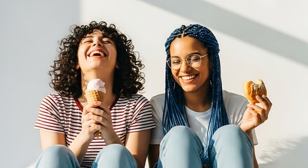 Two friends laughing with ice cream and pastry against a white wall