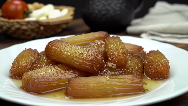 Delicious Sweet Sujuk Dessert on a White Plate A Close Up Shot of Golden Brown Pastries Coated in Sweet Syrup on Dark Wooden Table Perfect for Bakery and Pastry Promotion Videos and Festive Dessert