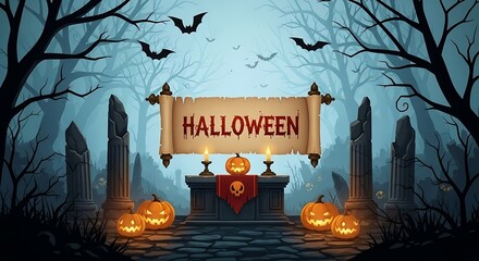 Halloween Night Scene with Pumpkins, Bats and Spooky Forest Setting