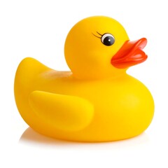 A cheerful yellow rubber duck, isolated on white, shows a slight reflection