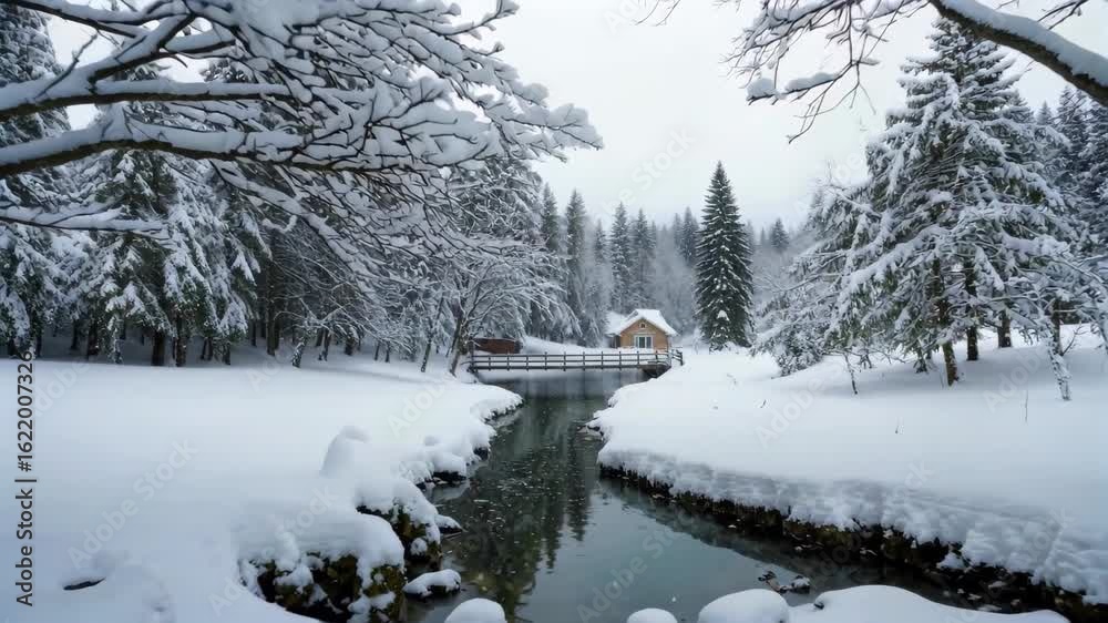 Wall mural snowy scene of a small stream running through a forest with a house in the distance