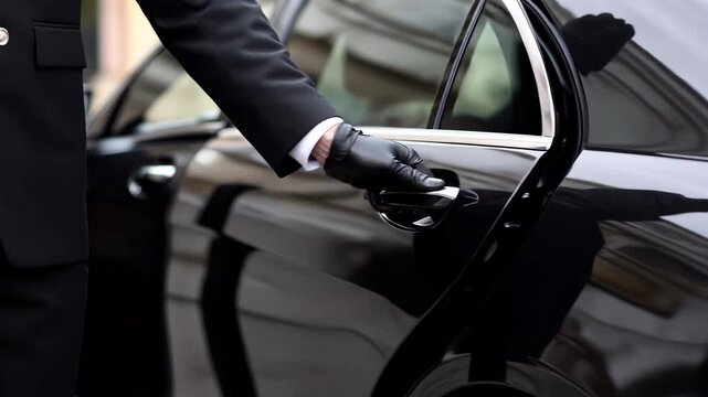 Luxury chauffeur opening a car door for a distinguished guest in an upscale setting during the afternoon