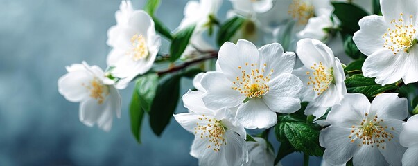 Obraz premium Alba rose echo in flower concept. Beautiful white flowers blooming against a soft blue backdrop.