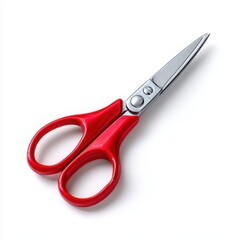 Red handled scissors on a white background cutting