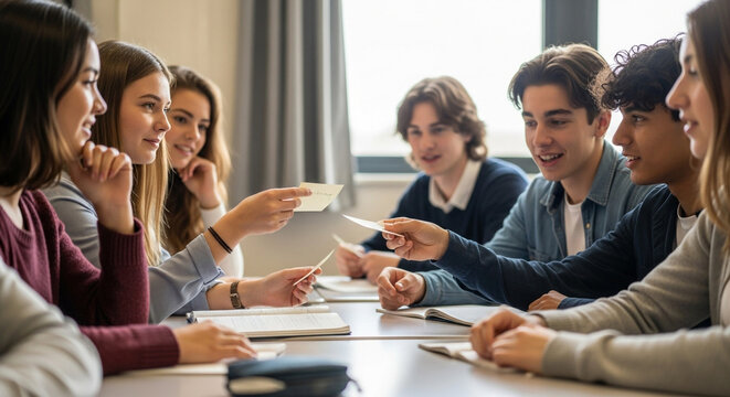 Diverse group of high school students collaborating and discussing ideas around a table in a classroom, fostering teamwork and communication skills