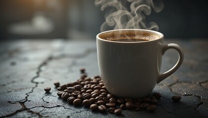 a steaming hot cup of coffee with rich crema, next to a few scattered roasted coffee beans on a dark, textured surface, with warm, inviting lighting. 