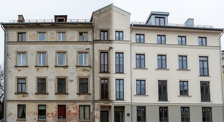 Fototapeta premium Facade renovation contrasting old damaged building with restored modern architecture
