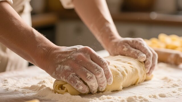 Hands skillfully rolling dough on a floured surface in a kitchen setting